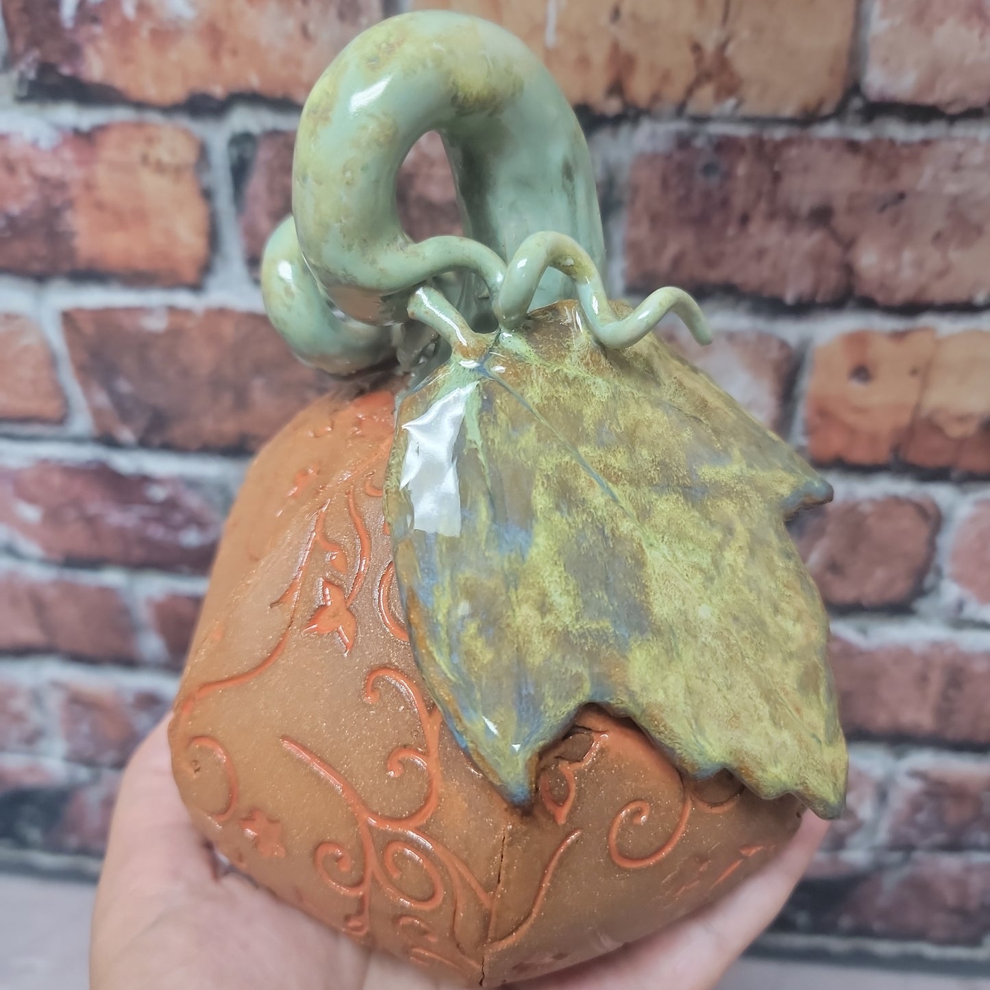 Pumpkin, Textured Orange with Fall leaf