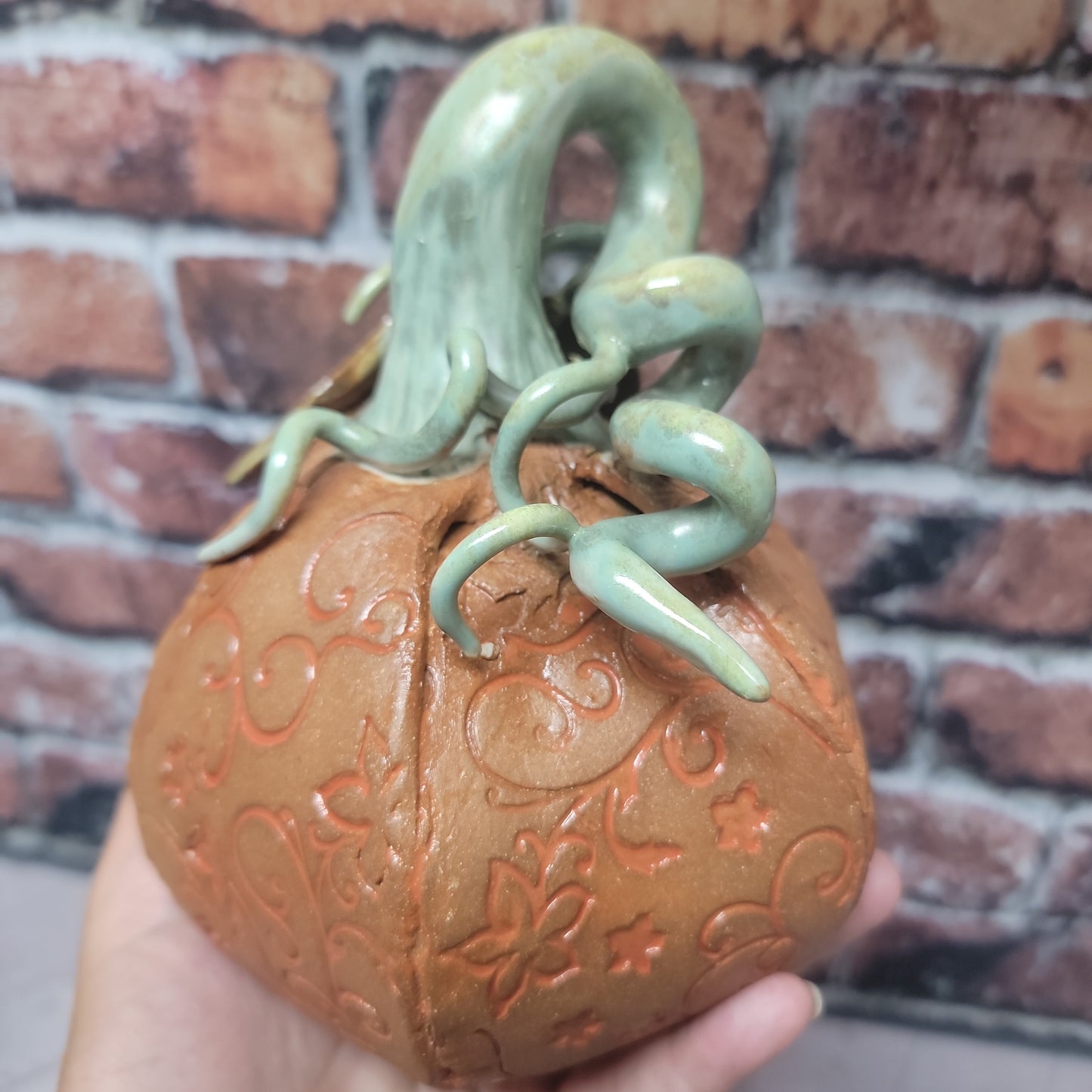 Pumpkin, Textured Orange with Fall leaf