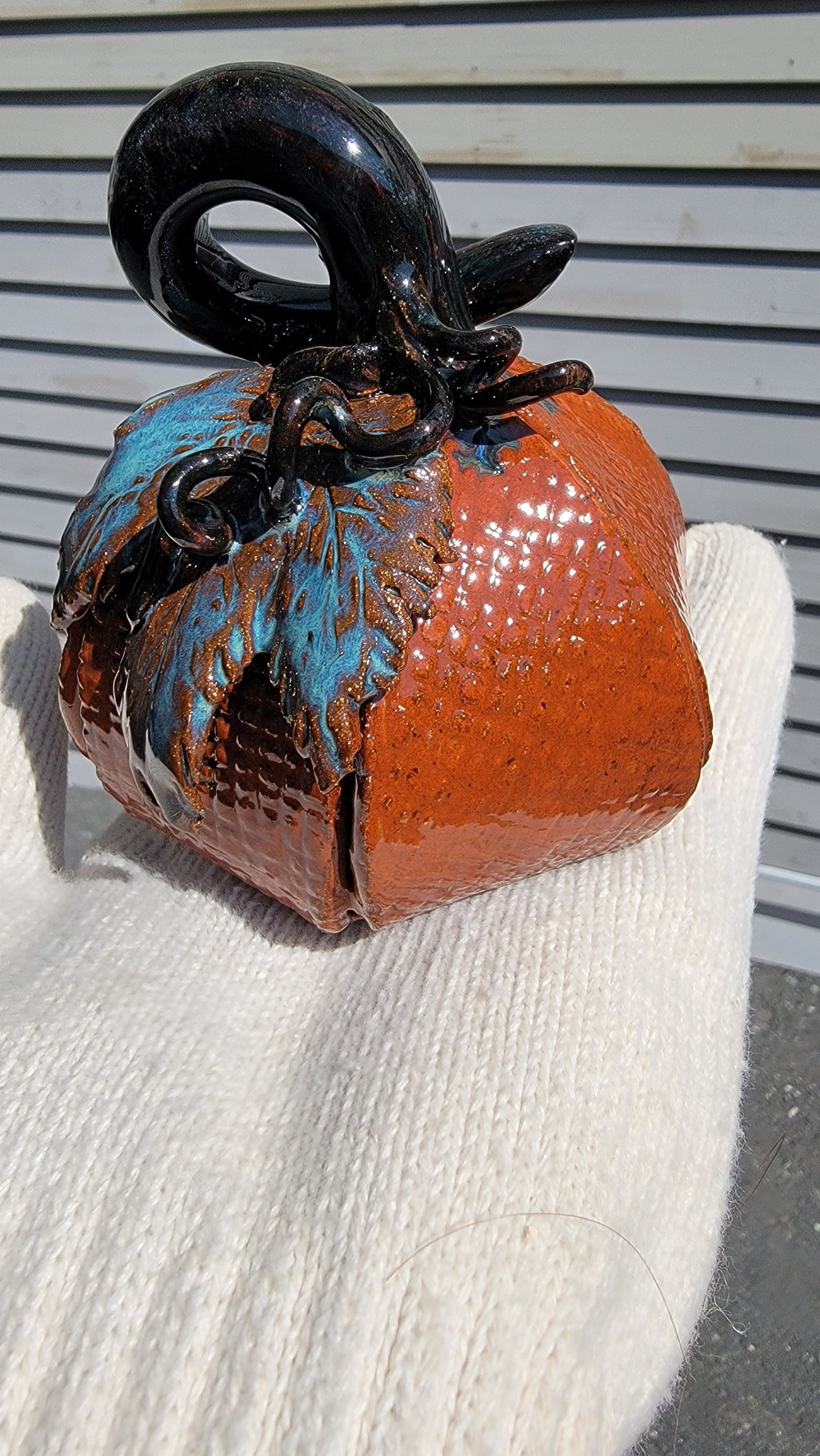 Pumpkin, Orange, textured, with fall leaf and tendrils